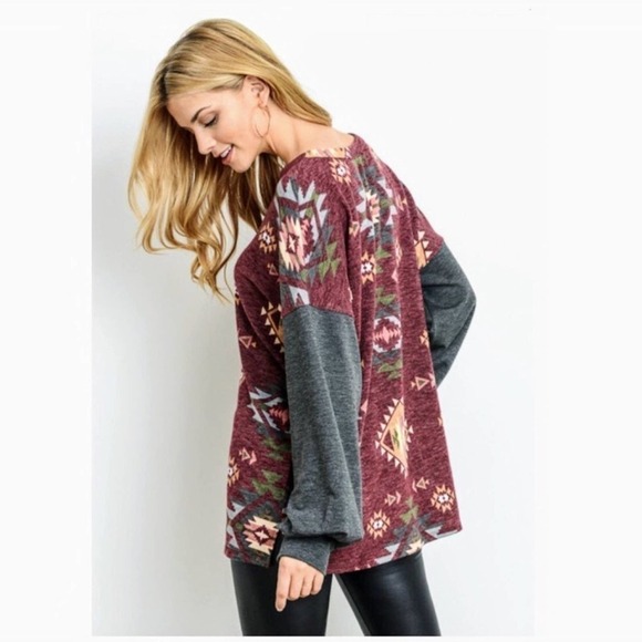 First Love Bohemian Aztec Ethnic Print Long Sleeve Shirt Puff Sleeves NWT Large - Picture 4 of 12